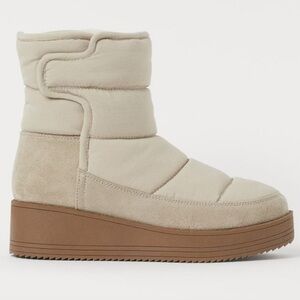 QUILTED PLATFORM NEUTRAL CREAM PUFFER SNOW BOOTS SHERPA LINED SIZE 8 NWOT